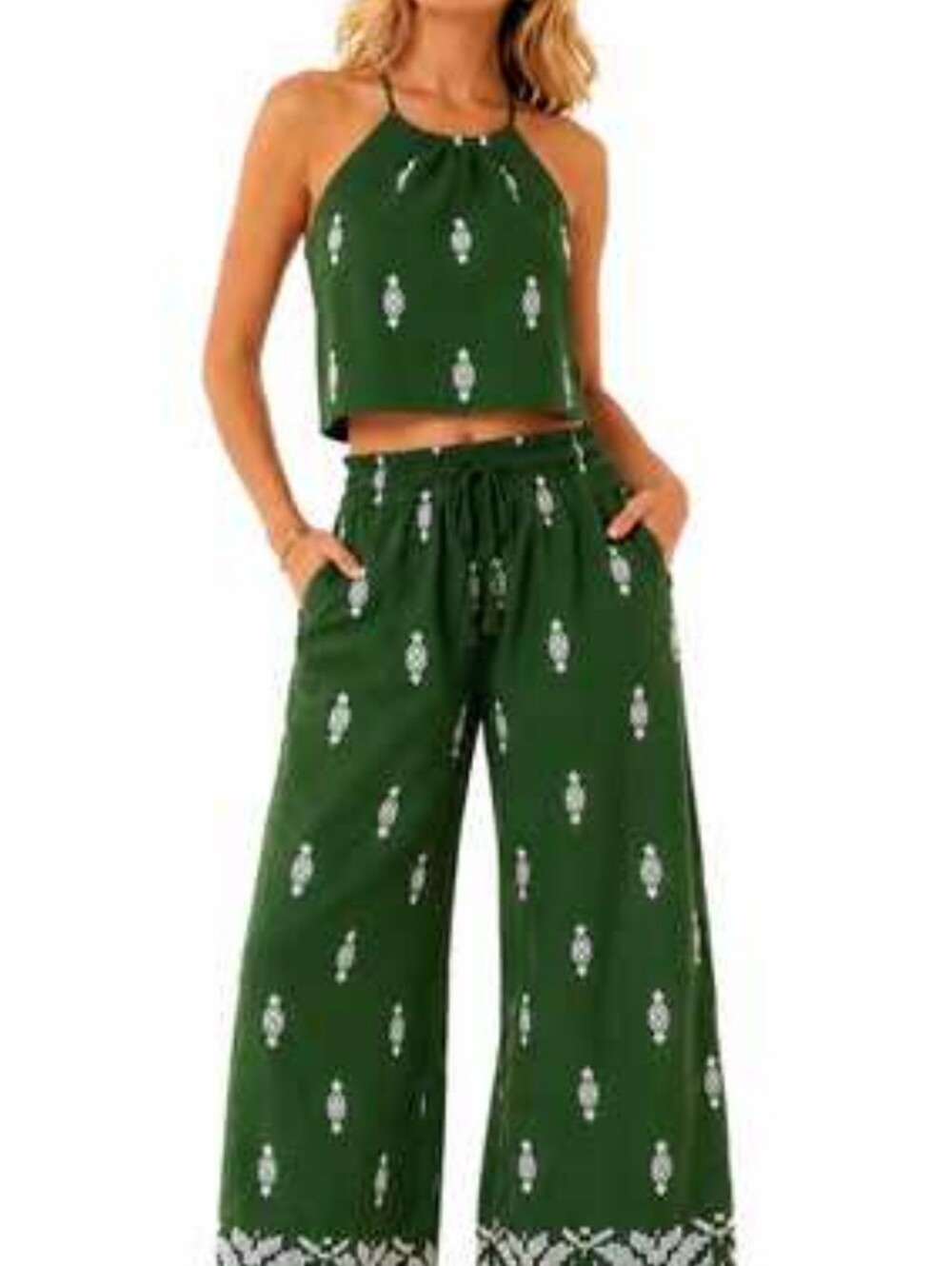 House of Harlow 1960 Green/White Embroidered Halter Top & Pants Set Sz XS